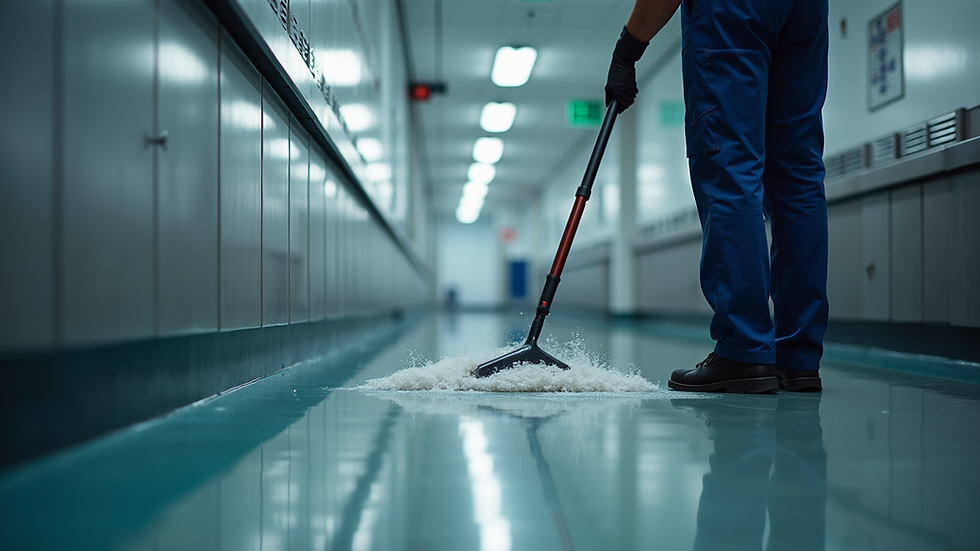 Eye-level view of a professional cleaner using equipment