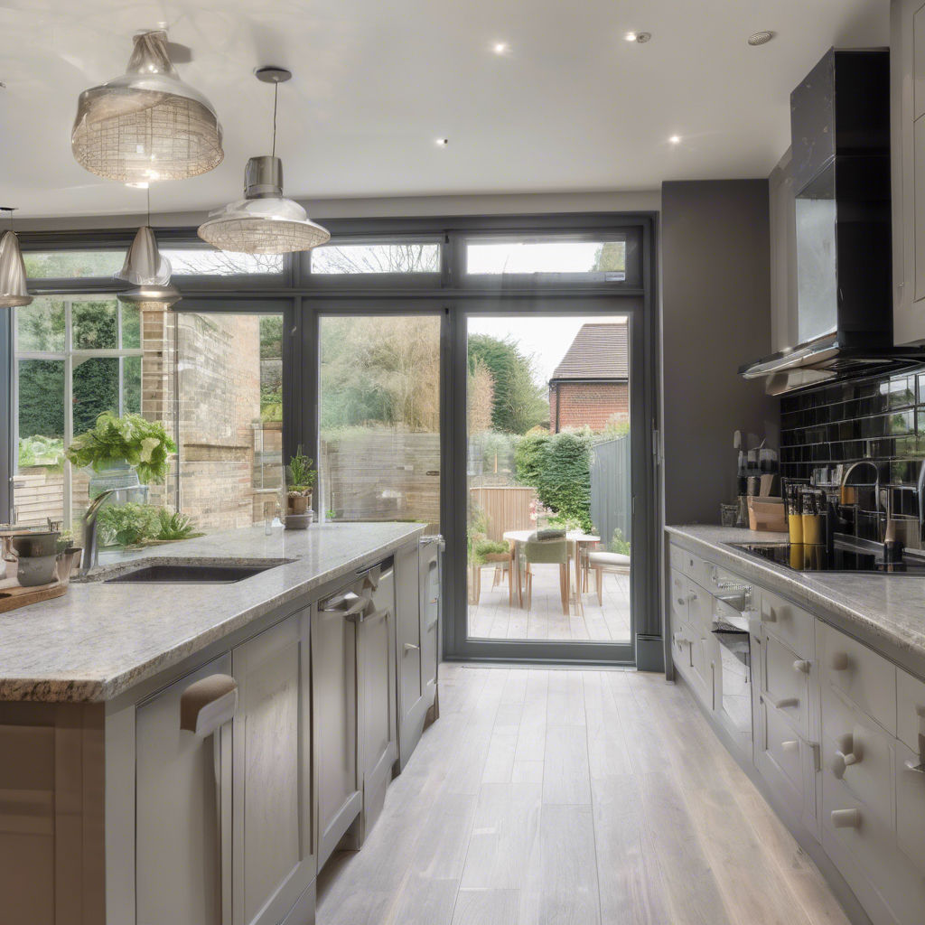 Modern kitchen with light gray cabinets, marble countertops, and pendant lights. Glass doors open to a garden with a patio table set.