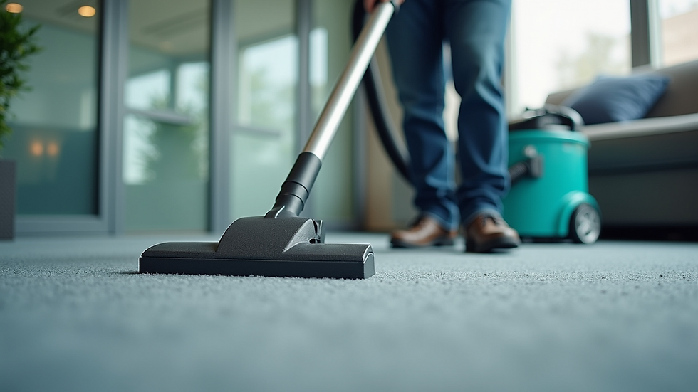 Close-up view of a professional cleaner using a vacuum on office carpet