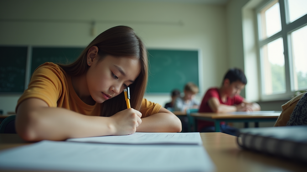 Eye-level view of a student taking an English test in a classroom