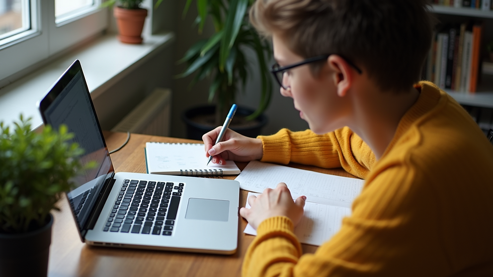 High angle view of a student studying English with a laptop and notes