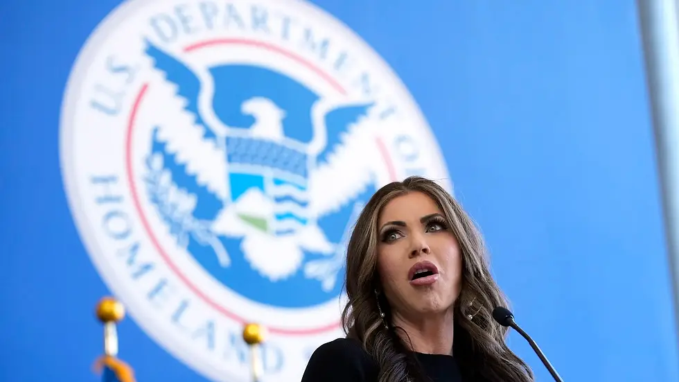 US Secretary of Homeland Security Kristi Noem addresses DHS staff for the first time at headquarters in DC on Jan. 28. Photo: MANUEL BALCE CENETA/POOL/AFP via Getty Images