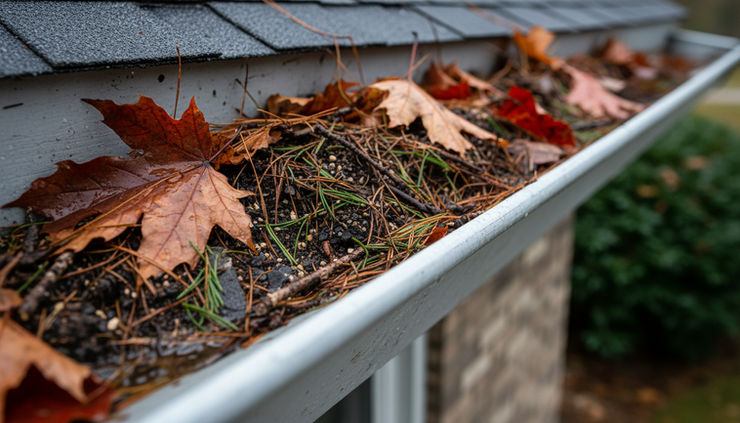 Close-up view of wet leaves and twigs clogging a metal gutter.