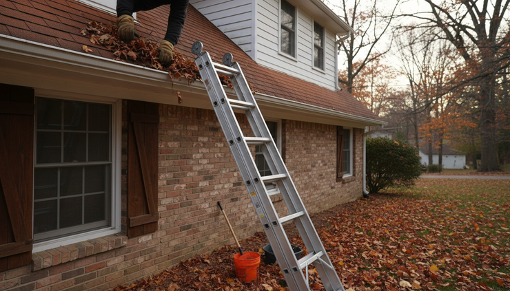 Eye-level view of a ladder set beside a home while gutters are being cleaned safely.