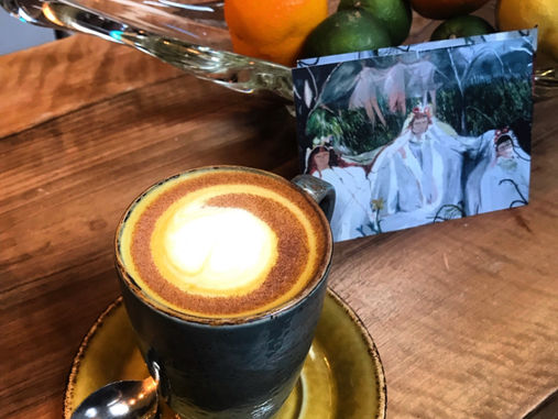 Homemade Turmeric Latte dusted with mix spice! Available with oat or soya!