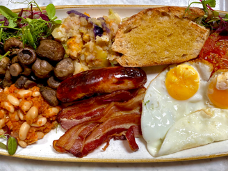 The Classic Full English Breakfast. A packed plate with all your favourites. Available all day!