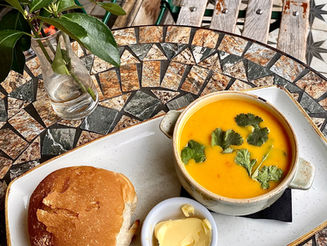 Today delicious soup is Thai style butternut, sweet potato & coconut. With a crust roll & butter