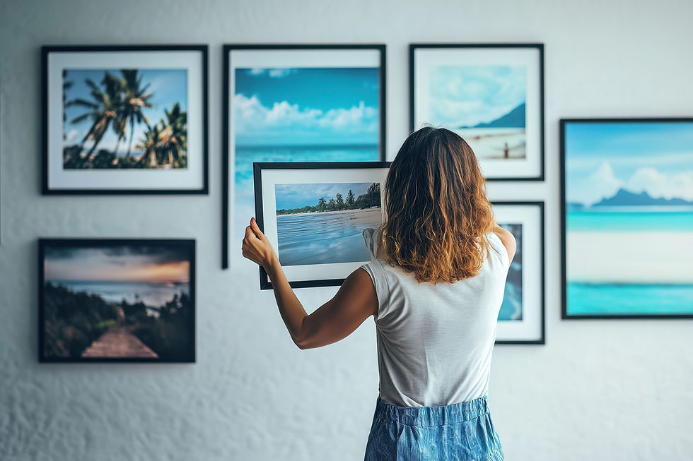 A woman arranges a gallery wall with stunning framed landscape photographs, adding a touch of beauty to the room.