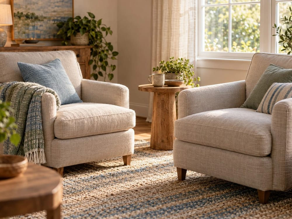 Two armchairs by a window with a warm lamp and a small table