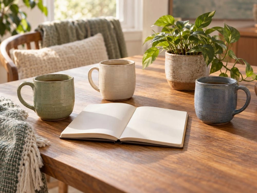 Several mugs, a blank notebook and a plant on a wooden table