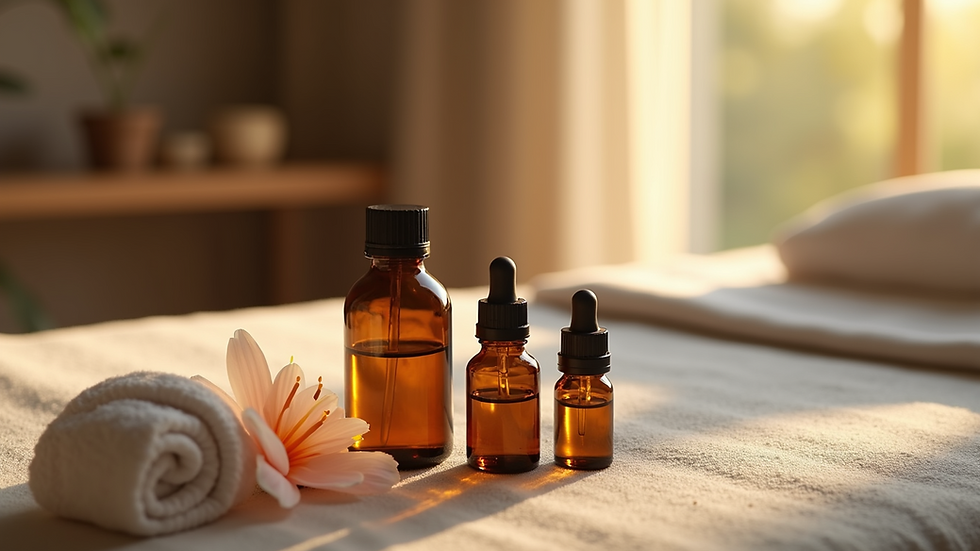 Close-up view of essential oils on a massage table