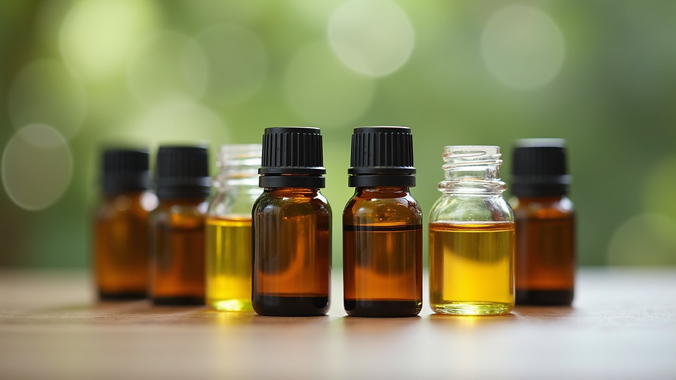 Eye-level view of small glass bottles with various organic essential oils