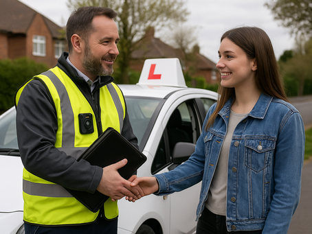 Driving examiner in high visibility vest greeting a learner driver beside a right hand drive training car displaying L plates, shaking hands at the start of a UK driving test.