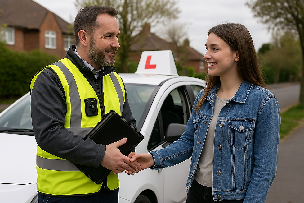 Driving examiner in a high visibility vest shaking hands with a smiling learner beside a car displaying L plates, marking the end of a driving test.
