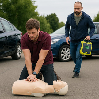 Person performing CPR on a casualty while another brings a defibrillator during a roadside emergency