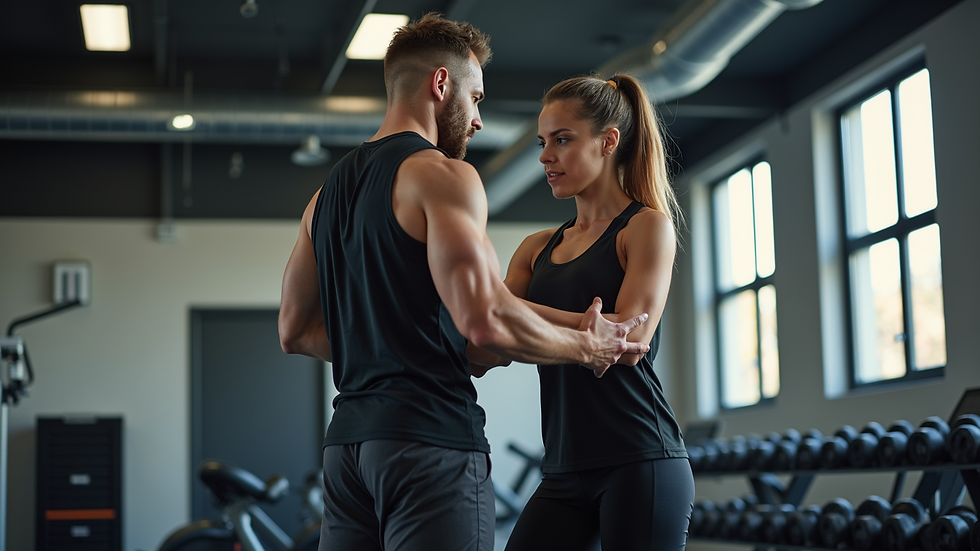 Eye-level view of a fitness trainer guiding a client during a workout session