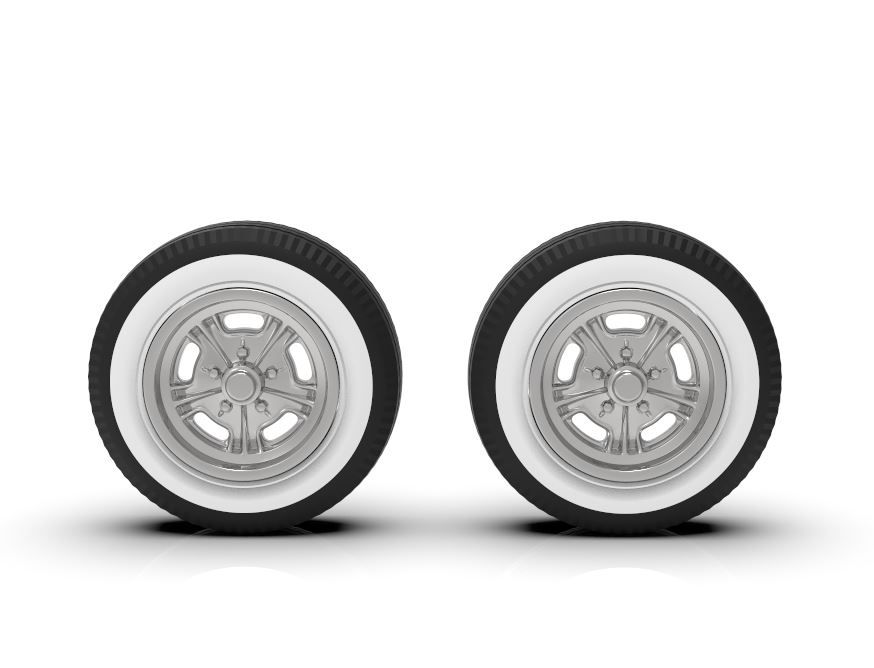 1:25 Chromed Front 15” Salt Flat style wheels on White Wall Tires