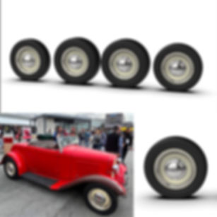 1:25 Steel wheels and tires.  Chrome caps and beauty rings