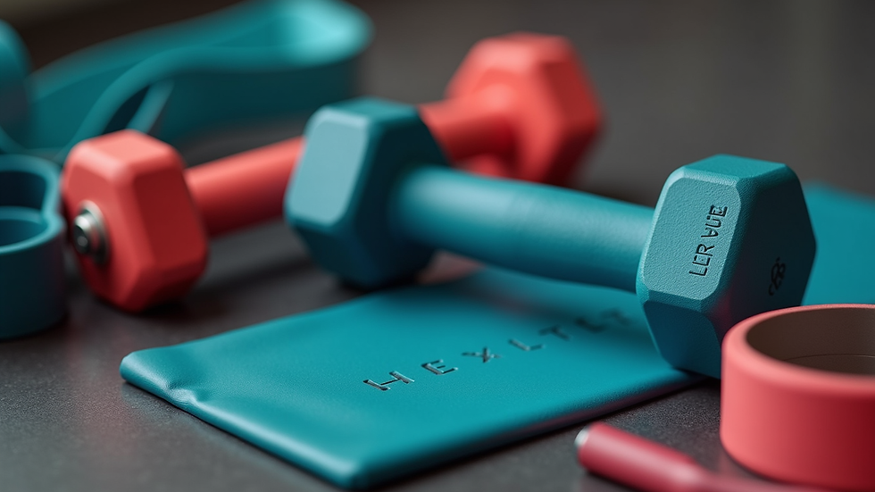 Close-up view of a variety of fitness accessories including resistance bands and dumbbells