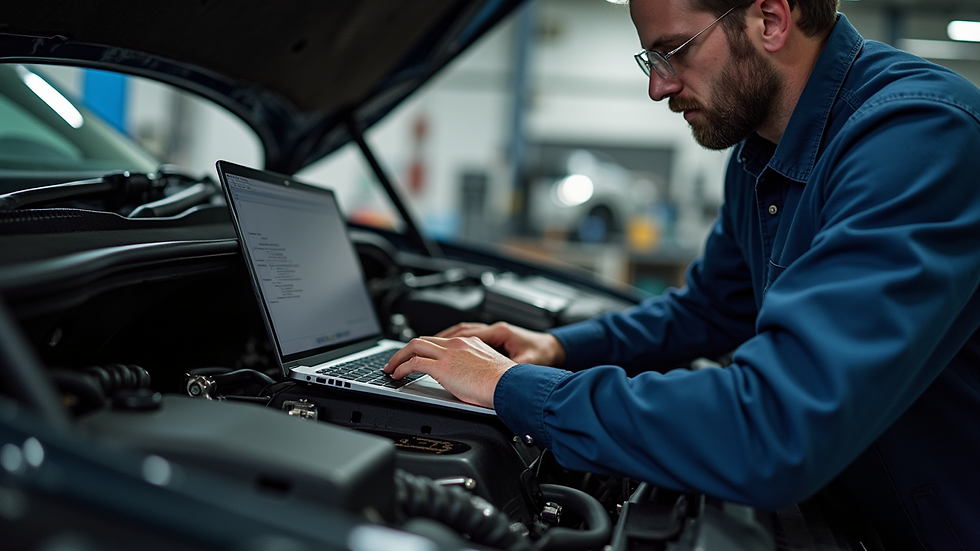 Eye-level view of a mechanic using a laptop to remap a vehicle's engine