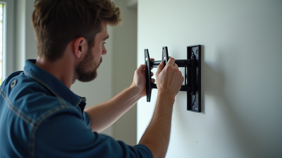 Close-up view of a professional installer securing a TV mount on a wall
