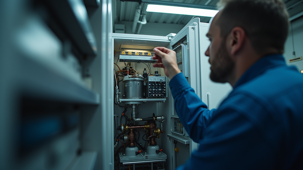 Eye-level view of a technician inspecting a refrigerator compressor