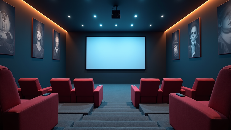 Eye-level view of a modern home theater room with projector and seating