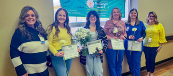 DAISY Award Nominees. L-R: Amy Eggemeyer, Care Coordinator Manager; Rebekah Luthy, BSN, RN; Brittany Casarez, RN; Robin Bixby, LPN; Molly Ebers, LPN; and Kelly Jany, Chief Nursing Officer.