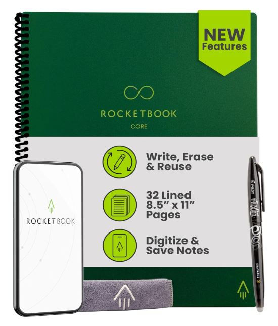 Green Rocketbook Core with smartphone, pen, cloth. Features text: New, Write, Erase & Reuse, 32 Lined Pages, Digitize & Save Notes.