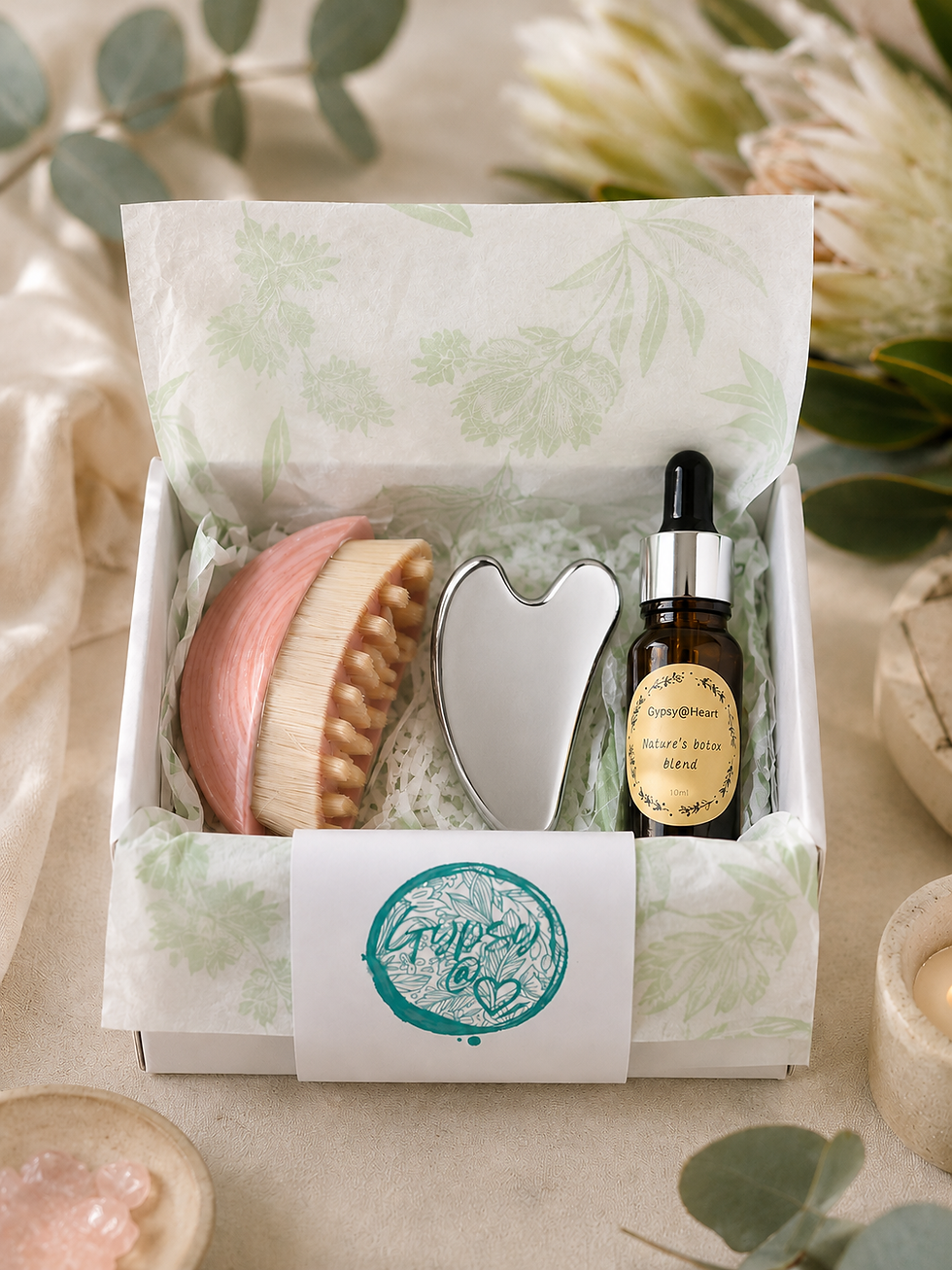 Nature's Botox Combo, luxurious oil blend with Face Contouring Brush and Gua Sha Plate Gift Set