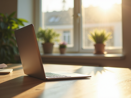 desk with laptop work remotely