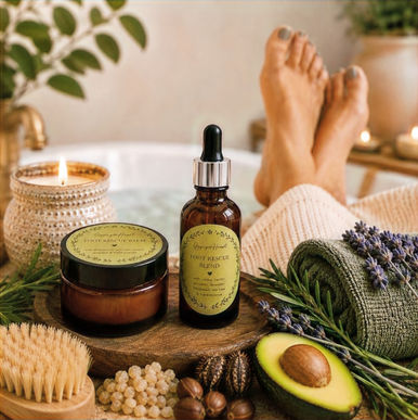 Natural botanical foot care blends while lady is relaxing with her feet up