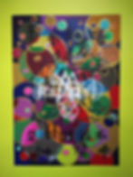 Colorful abstract painting of overlapping circles and symbols