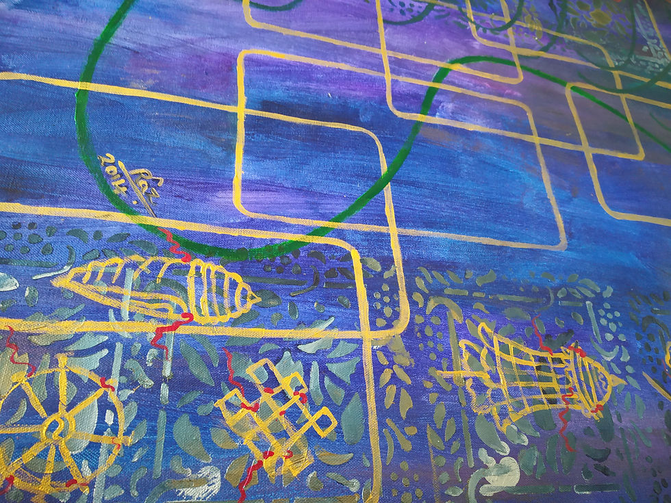 Thumbnail: Abstract art with yellow ancient symbols and blue patterns