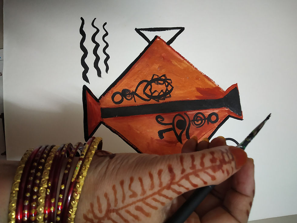 Thumbnail: Hand with bangles and henna painting orange fish artwork