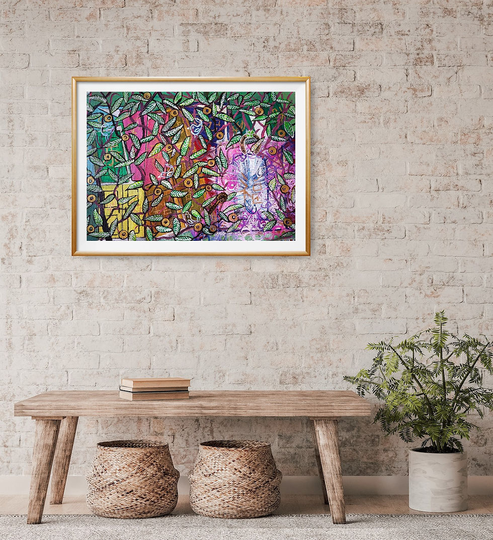 Thumbnail: Vibrant abstract painting evoking happiness, above a wooden bench
