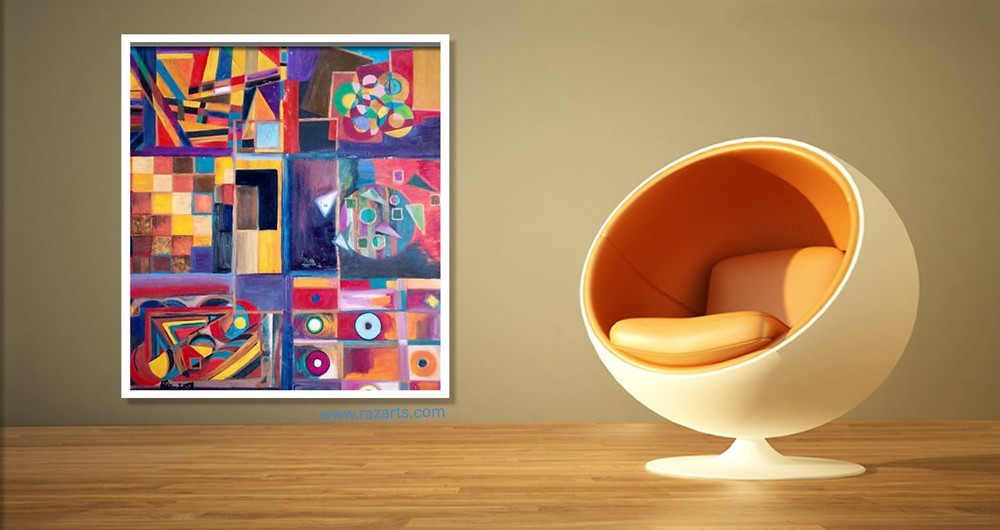 Untitled! Cubism Collage displayed with yellow chair urban decor