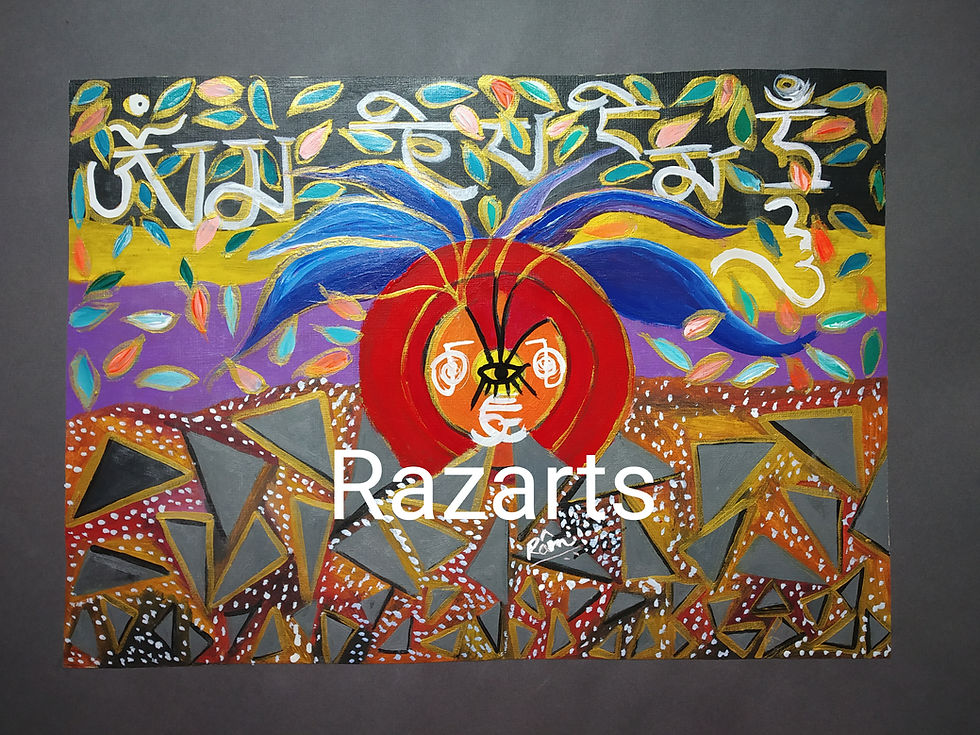 Colorful Razarts painting with Tibetan script and lotus.