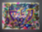 Abstract art with Razarts, purple, gold, and evil eye