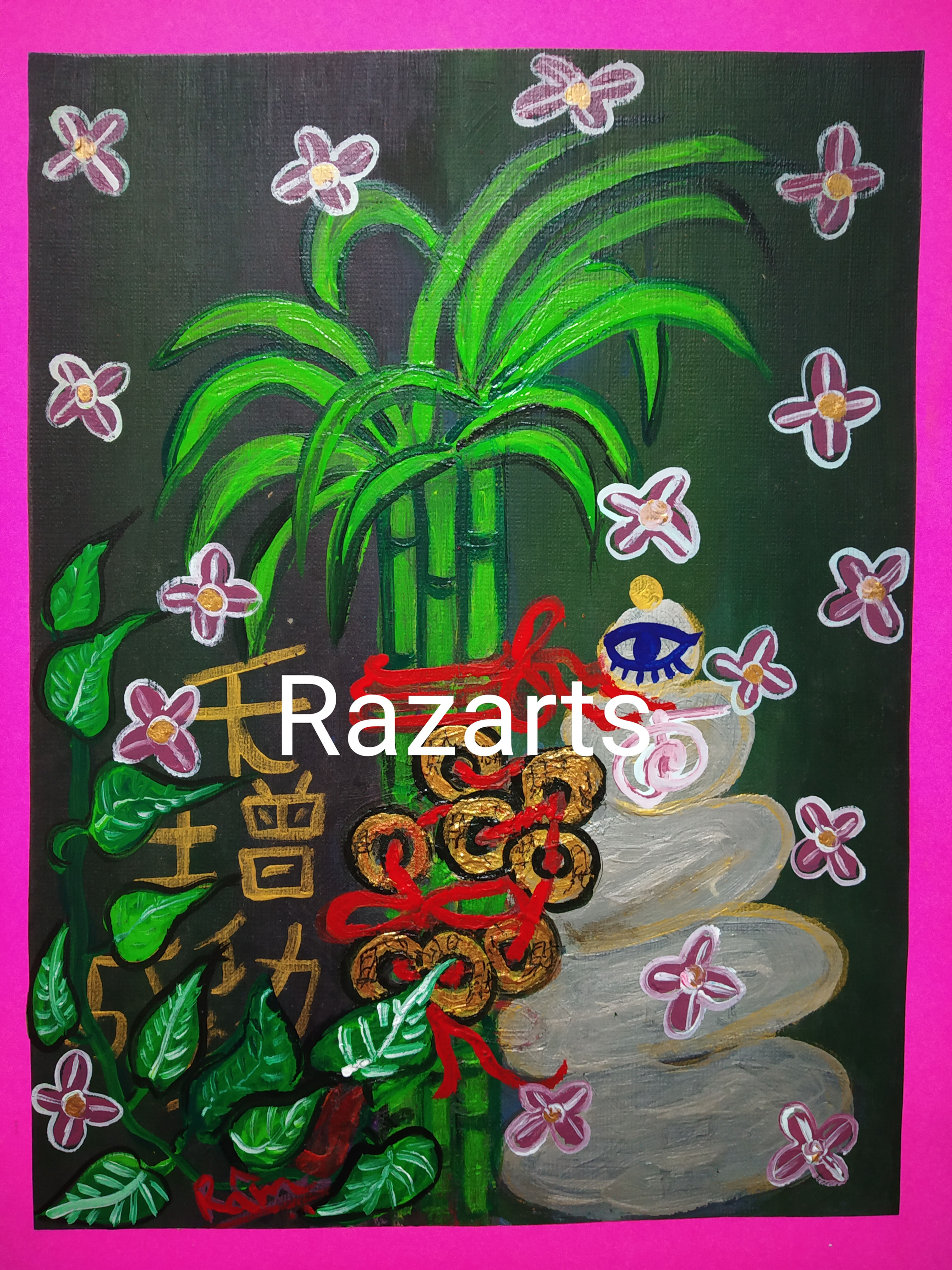 Golden Feng Shui art with bamboo, coins, and Razarts text