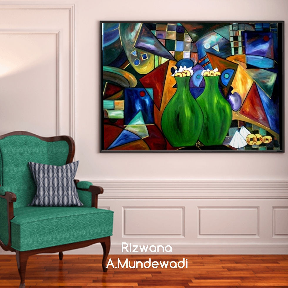 Thumbnail: Abstract painting with green bottles and armchair by Rizwana A.Mundewadi
