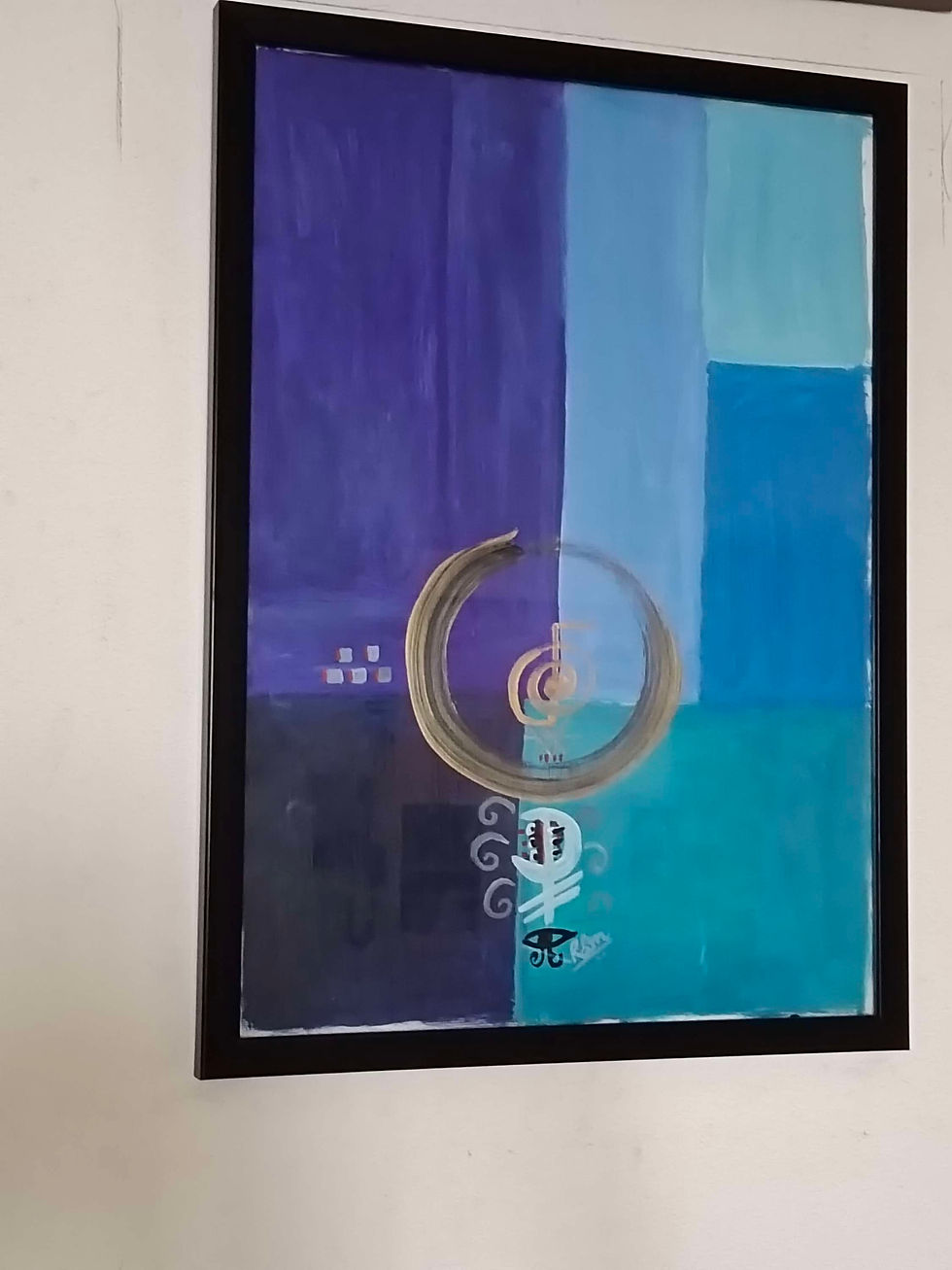 Thumbnail: Abstract art: blue, teal, gold crescent, decorative swirls