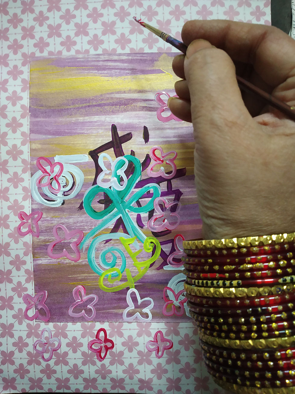Thumbnail: Hand painting abstract art with flowers, script, and bangles
