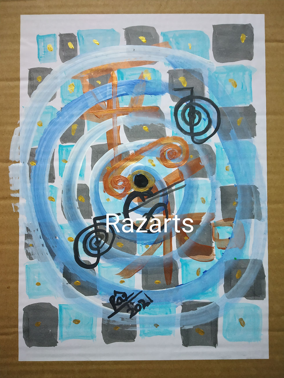 Abstract art: blue spirals, ancient symbols, checkered grid