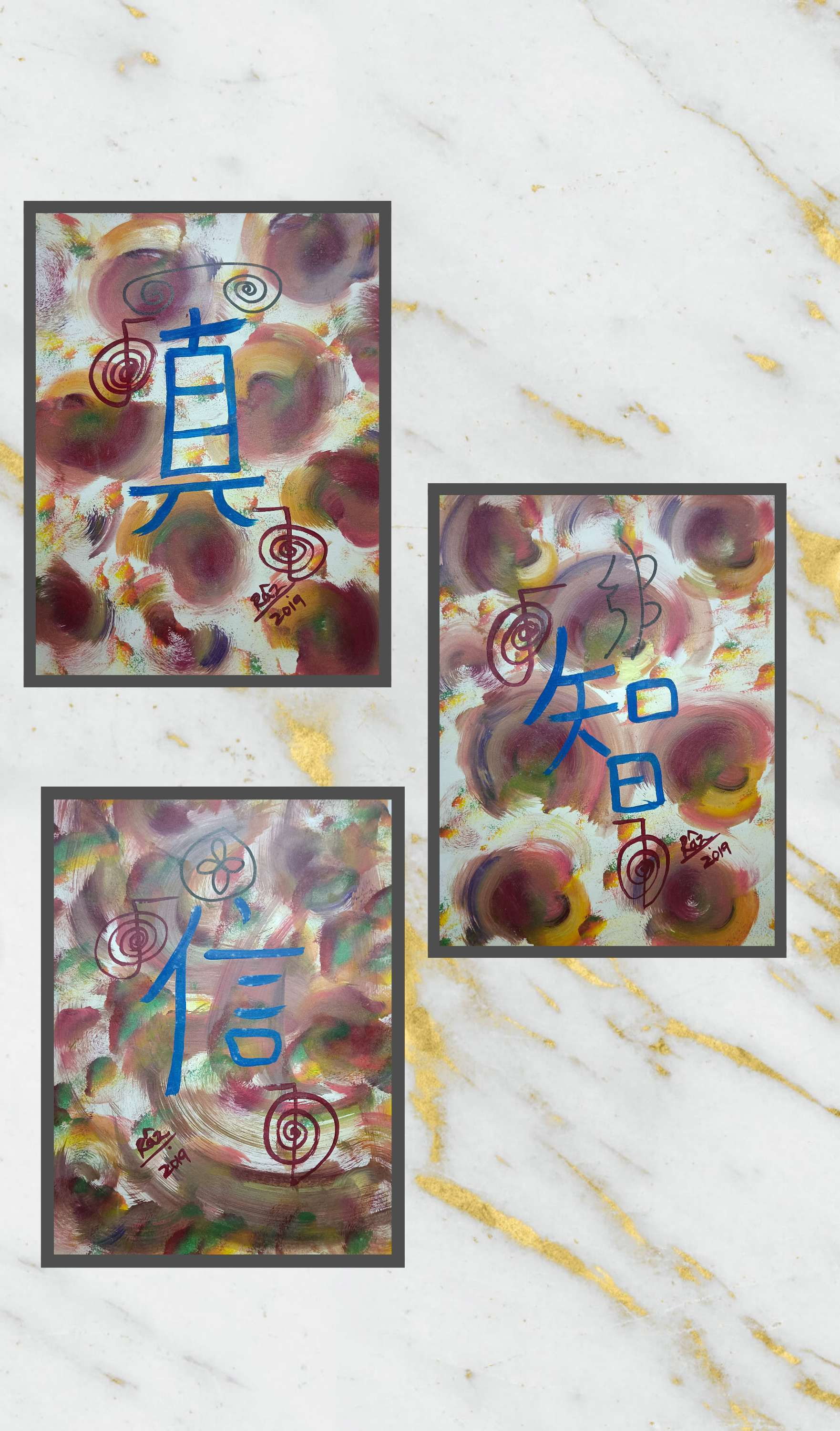 Three abstract paintings: Truth, Wisdom, Faith characters