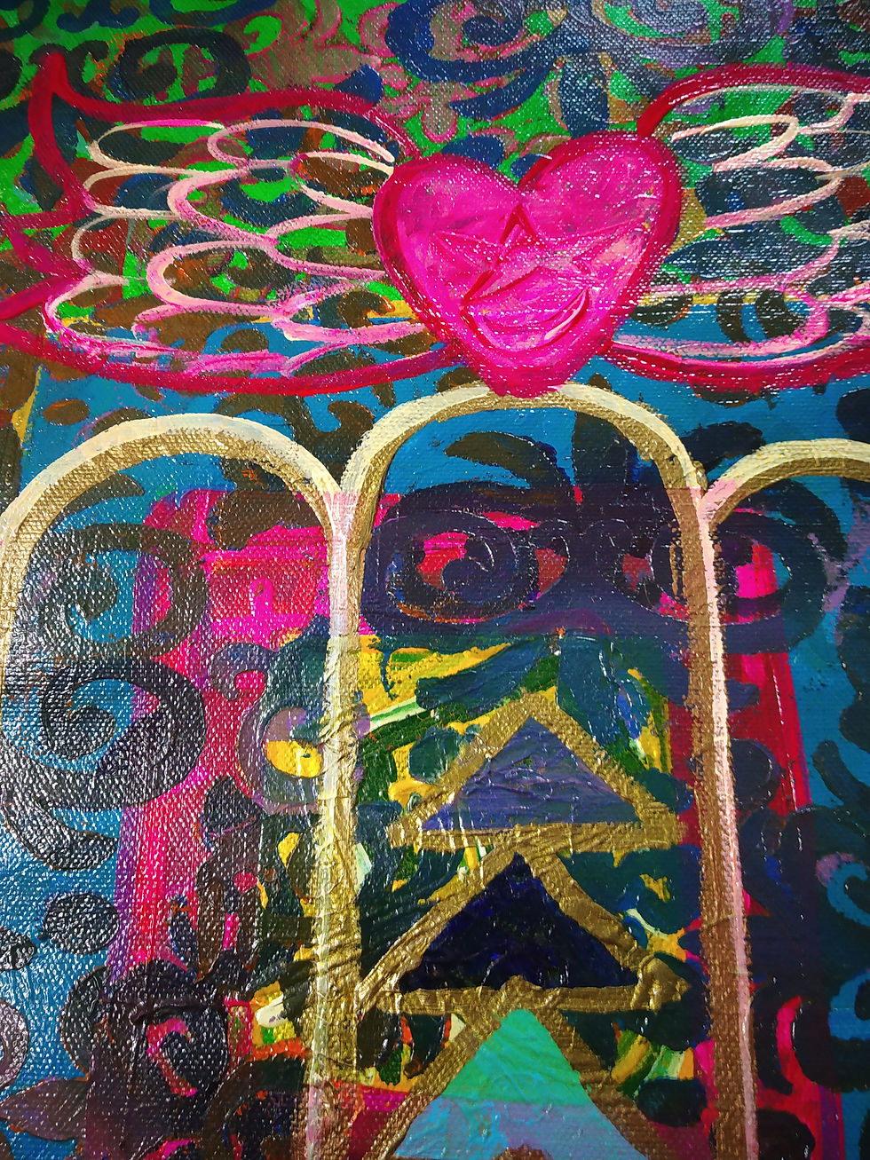 Thumbnail: Colorful abstract painting with a pink heart and golden arches