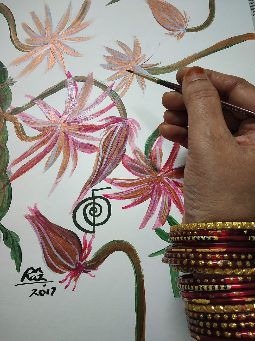 Thumbnail: Hand with bangles painting pink flowers and spiral symbol