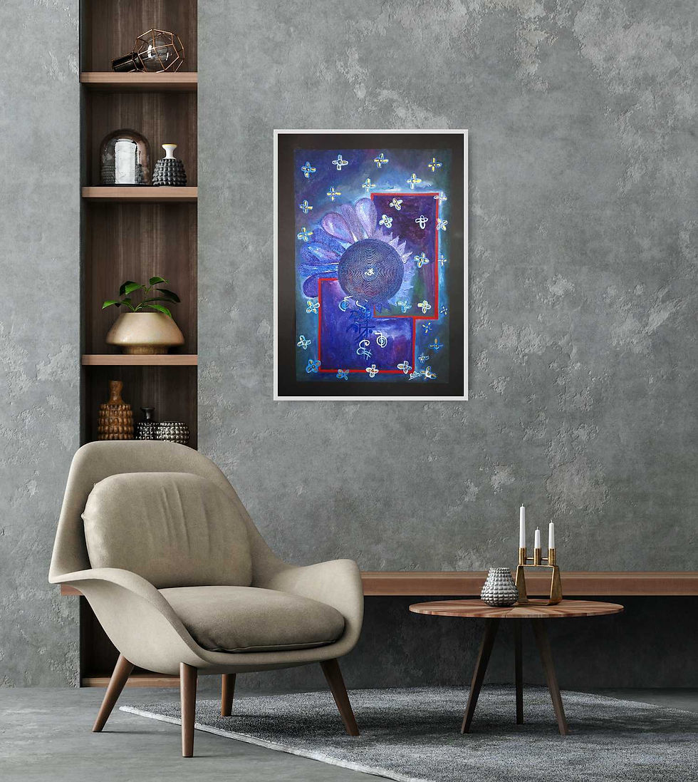 Thumbnail: Abstract art with stars and geometric shapes in living room