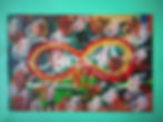 Abstract painting with red and gold infinity symbol, text 'Razarts'