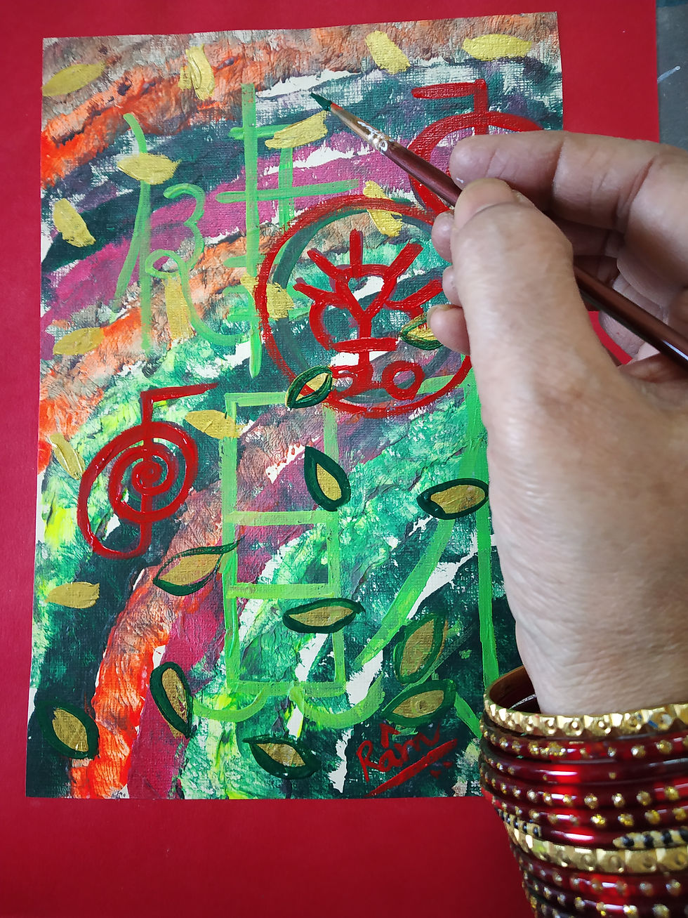 Thumbnail: Hand painting red circular design on colorful abstract art